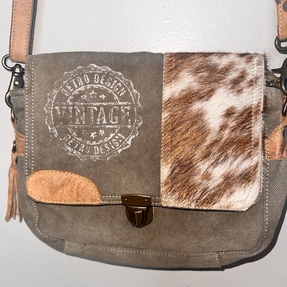 Myra Vintage Stamp Upcycled Canvas & Cowhide Leather Messenger Bag Crossbody - Picture 1 of 8